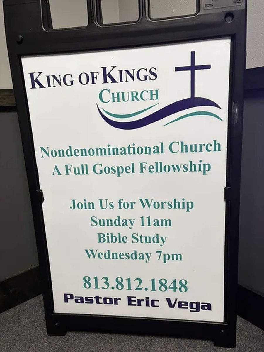King of Kings Church sign with service times