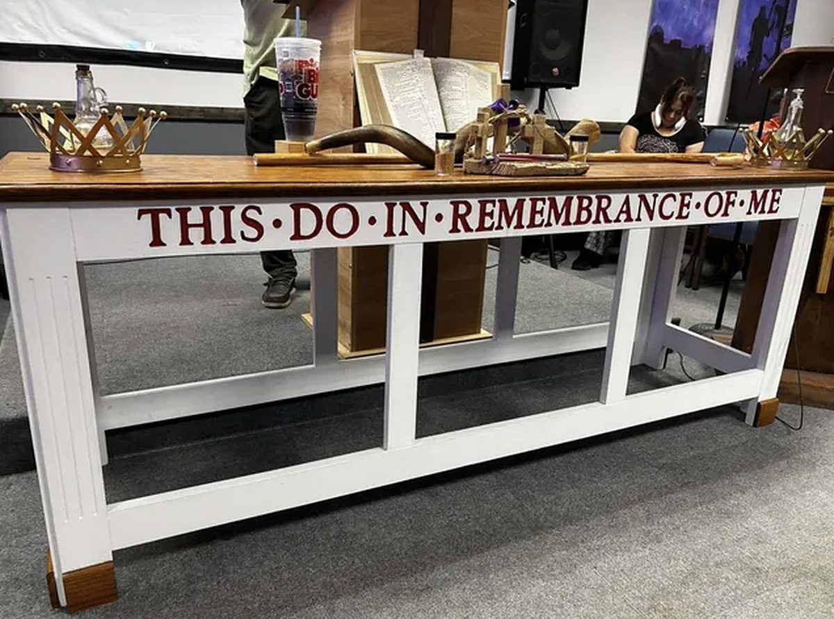Communion table inscribed This Do In Remembrance Of Me